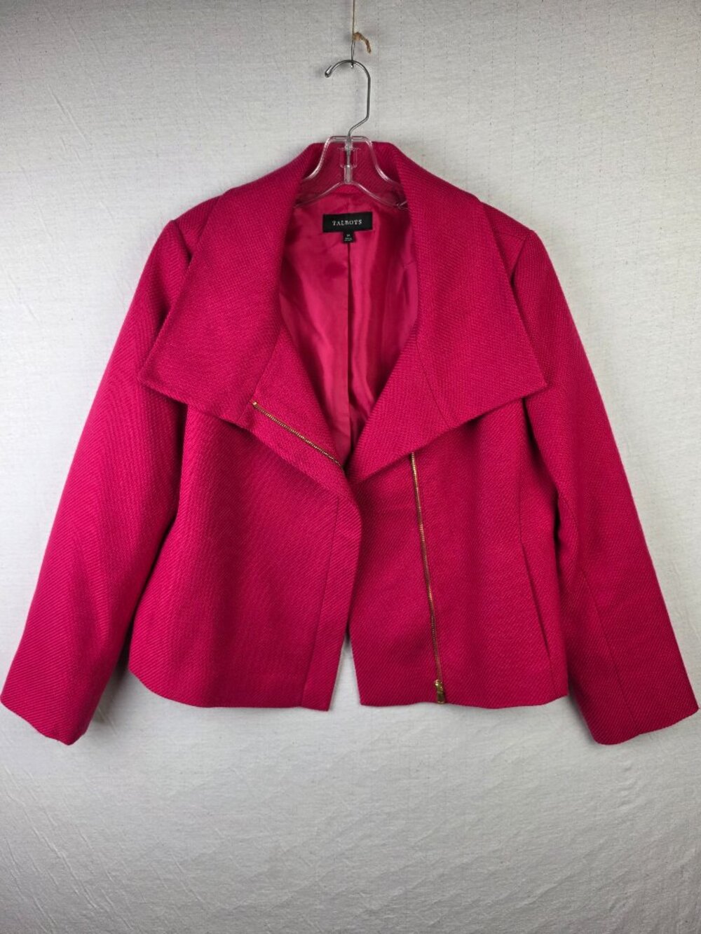 Talbots Moto Biker Jacket Blazer Wool Blend Fuchsia Pink size 14 Zip Closure